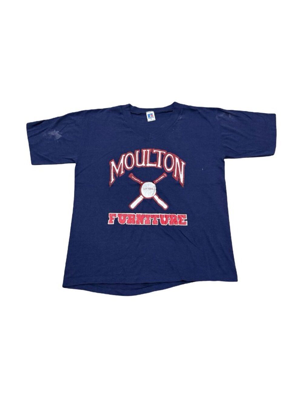 Vintage Moulton Furniture Softball V-Neck T-Shirt Navy Single Stitch